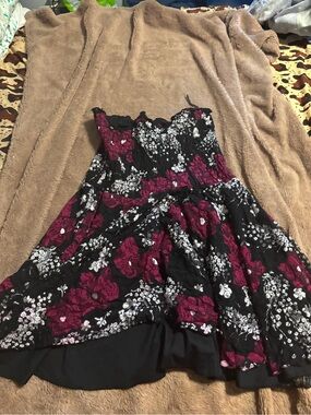 Strapless Floral Skater Dress in Black and Burgundy